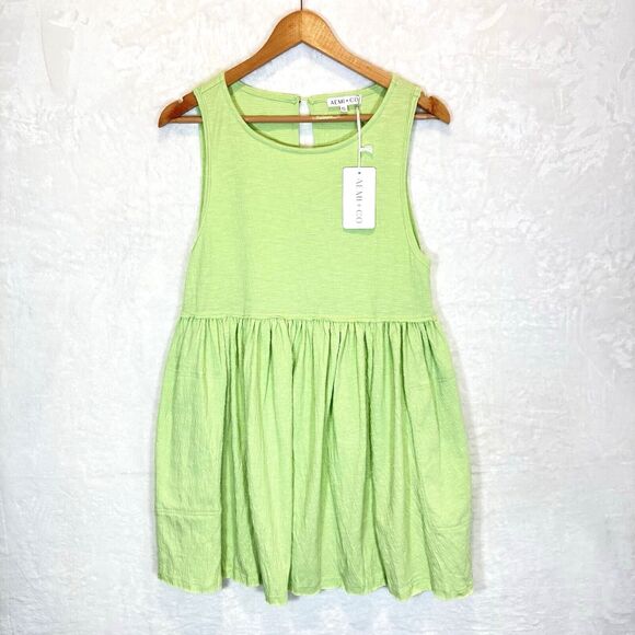 Aemi+Co Dress Sleeveless Lime Green Relaxed Babydoll Pockets Short Small - Picture 1 of 7